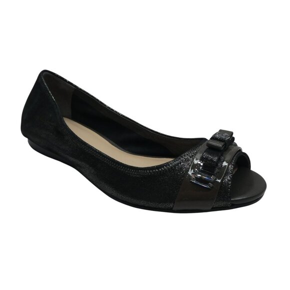 Cole Haan Nike Air Black Shimmer Leather Peep Toe Jeweled Bow Flats Womens 8 - Picture 1 of 13